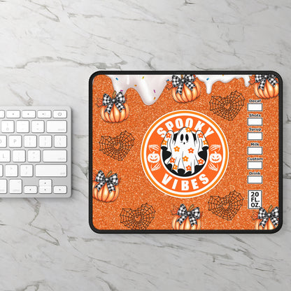 Spooky Vibes Halloween Gaming Mouse Pad – 9x7 Neoprene Mouse Pad with Ghost, Pumpkins, and Coffee-Inspired Design