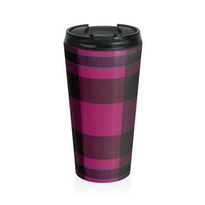 15oz “Plaid Panic” Stainless Steel Travel Mug – Magenta & Black Tartan with Blue Accents and Leak-Proof Lid