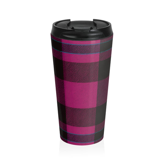 15oz “Plaid Panic” Stainless Steel Travel Mug – Magenta & Black Tartan with Blue Accents and Leak-Proof Lid