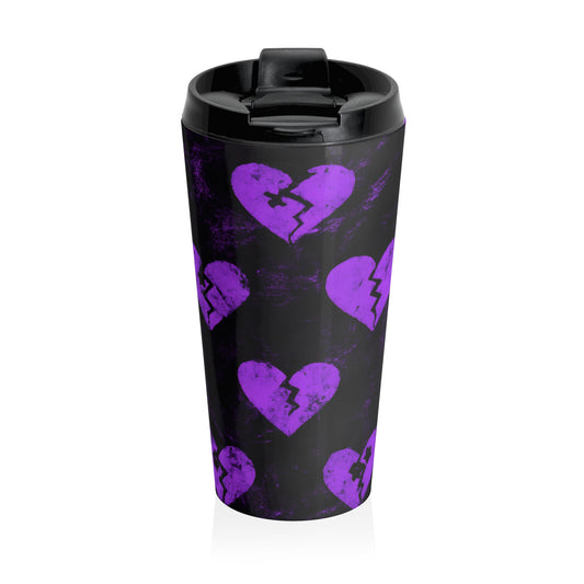15oz “Broken Hearts & Black Coffee” Stainless Steel Travel Mug – Purple Heart Pattern on Black with Leak-Proof Lid
