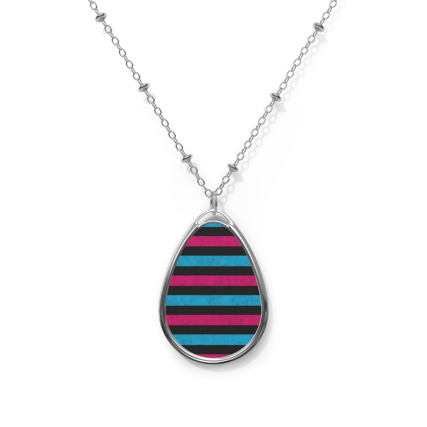 Striped Teardrop Necklace – Pink, Black & Teal Pendant with Silver Chain