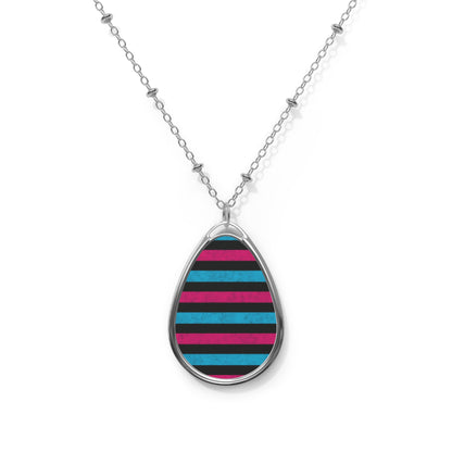 Striped Teardrop Necklace – Pink, Black & Teal Pendant with Silver Chain