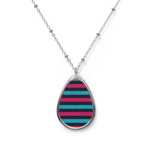 Striped Teardrop Necklace – Pink, Black & Teal Pendant with Silver Chain
