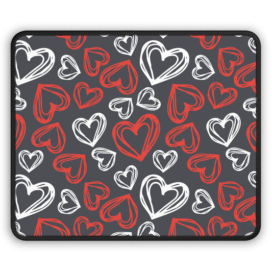 Crimson & Charcoal 9x7 Neoprene Desk Mat – Hand-Drawn Hearts Mouse Pad