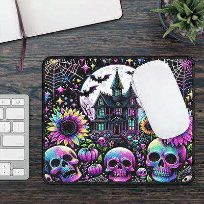 Neon Haunted House Halloween Gaming Mouse Pad – 9x7 Neoprene Mouse Pad with Skulls, Pumpkins, and Gothic Floral Design