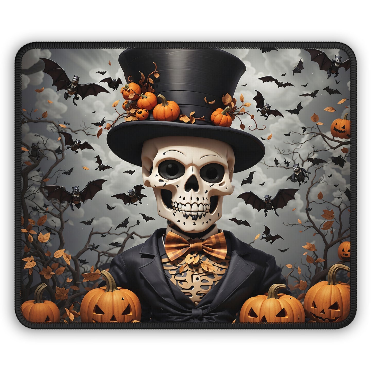 Dapper Skeleton Halloween Gaming Mouse Pad – 9x7 Neoprene Mouse Pad with Pumpkin Top Hat, Bats, and Gothic Autumn Design