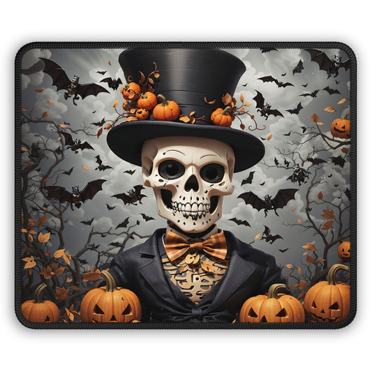 Dapper Skeleton Halloween Gaming Mouse Pad – 9x7 Neoprene Mouse Pad with Pumpkin Top Hat, Bats, and Gothic Autumn Design