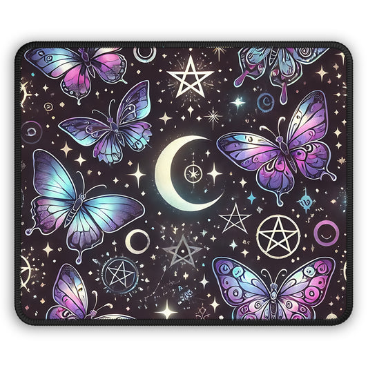 Celestial Butterflies Gaming Mouse Pad – 9x7 Neoprene Mouse Pad with Moon, Stars, and Magical Purple and Blue Butterfly Design