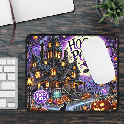 Hocus Pocus Haunted House Mouse Pad – 9x7 Neoprene Desk Mat with Witch, Pumpkins, and Full Moon Design