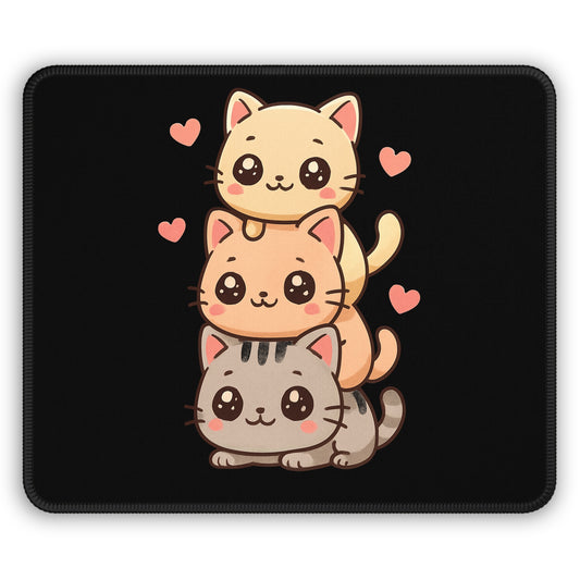 Stacked Cats 9x7 Neoprene Desk Mat – Kawaii Pastel Mouse Pad with Heart Paw Prints