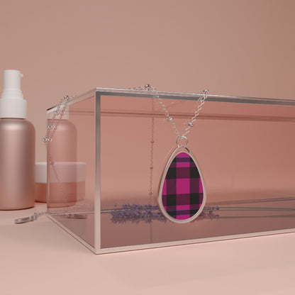 Magenta Plaid Teardrop Necklace – Bold Pattern Pendant with Silver Chain