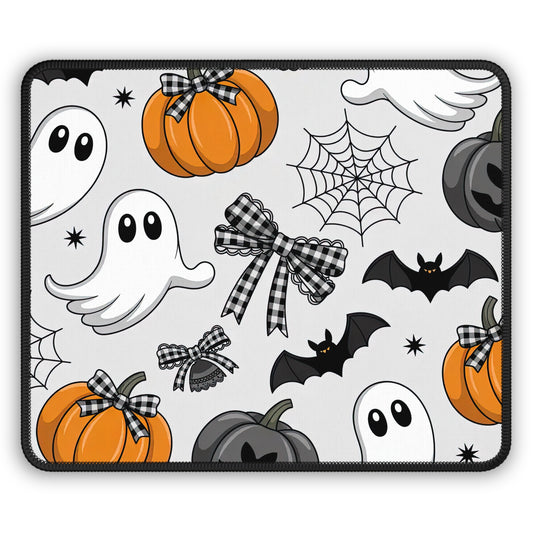Ghosts and Pumpkins Halloween Mouse Pad – 9x7 Neoprene Desk Mat with Bats, Spiderwebs, and Gingham Bows Design