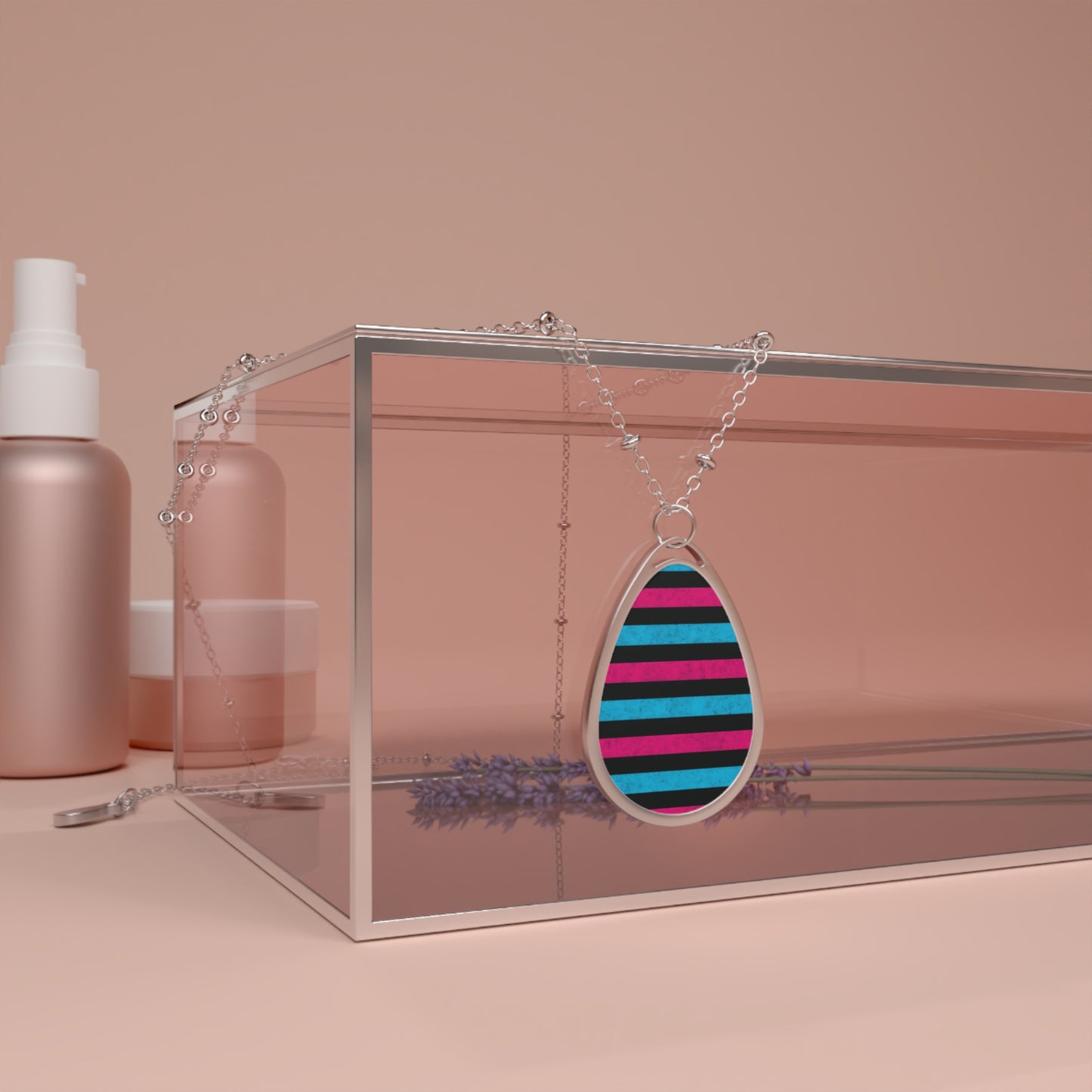 Striped Teardrop Necklace – Pink, Black & Teal Pendant with Silver Chain