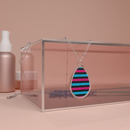 Striped Teardrop Necklace – Pink, Black & Teal Pendant with Silver Chain