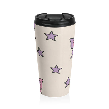 15oz “Butterfly Constellation” Stainless Steel Travel Mug – Purple Whimsy Pattern on Beige with Leak-Proof Lid