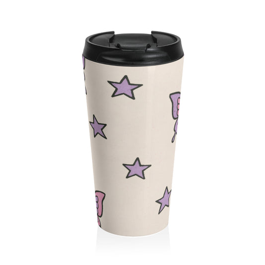 15oz “Butterfly Constellation” Stainless Steel Travel Mug – Purple Whimsy Pattern on Beige with Leak-Proof Lid