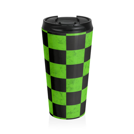 15oz “Checkered Past” Stainless Steel Travel Mug – Green & Black Grid Design with Leak-Proof Lid
