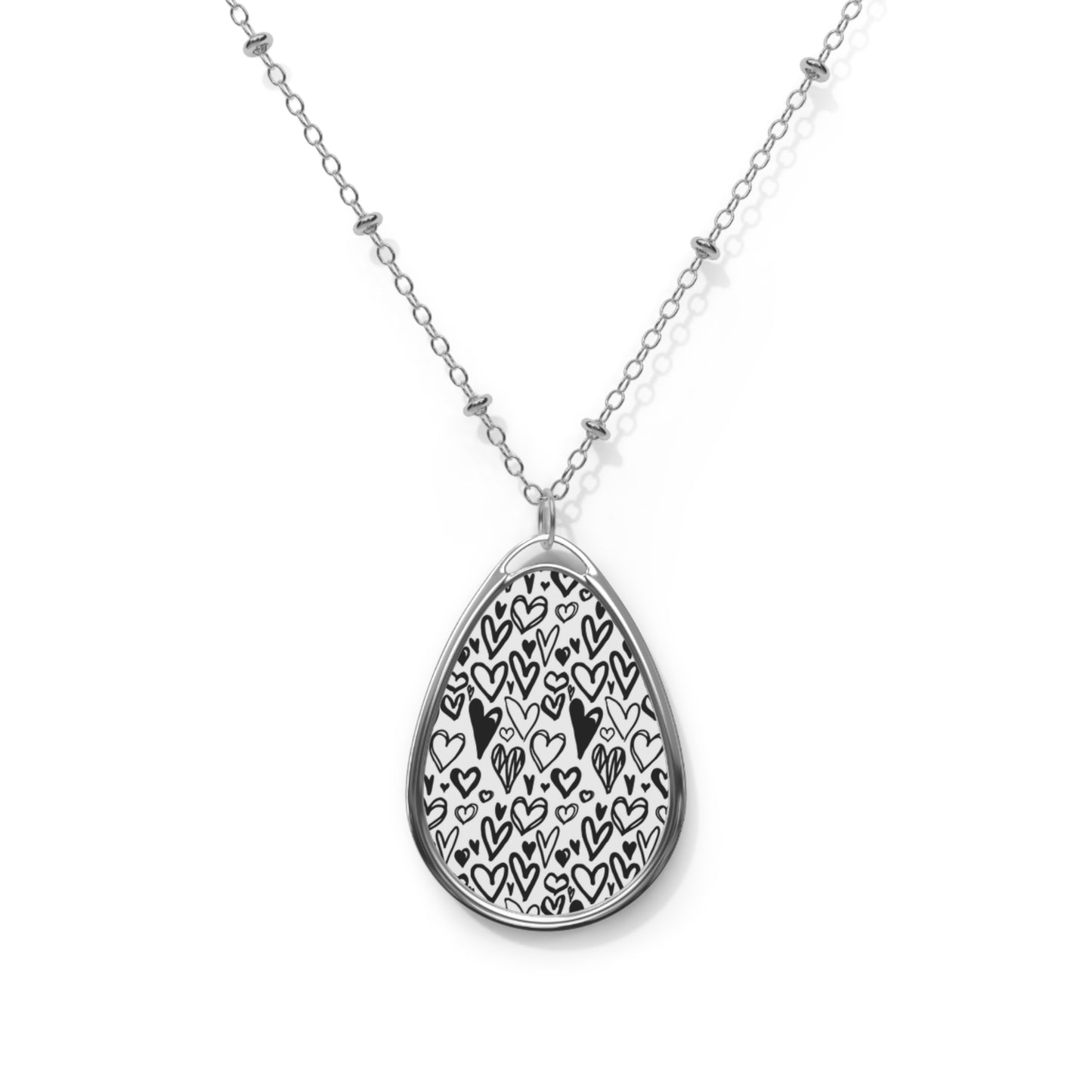 Doodle Hearts Teardrop Necklace – Black & White Sketch Pendant with Silver Chain