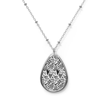 Doodle Hearts Teardrop Necklace – Black & White Sketch Pendant with Silver Chain