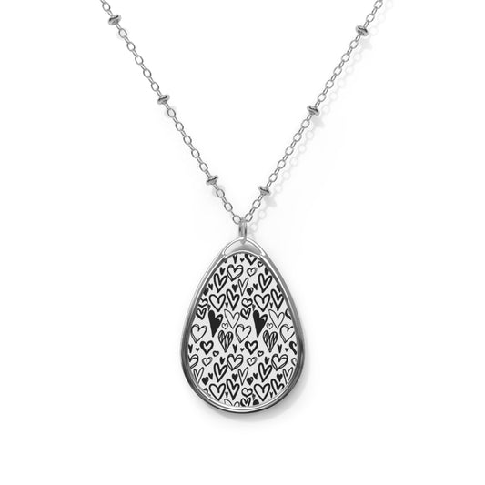 Doodle Hearts Teardrop Necklace – Black & White Sketch Pendant with Silver Chain