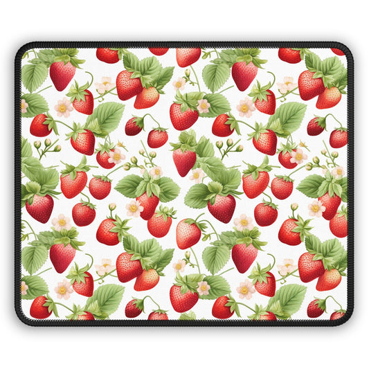 Strawberry Meadow 9x7 Neoprene Desk Mat – Botanical Mouse Pad with Blossoms & Ripening Fruit