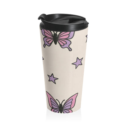 15oz “Butterfly Constellation” Stainless Steel Travel Mug – Purple Whimsy Pattern on Beige with Leak-Proof Lid