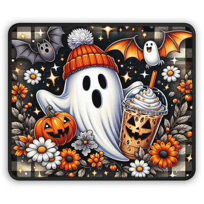 Cozy Ghost Halloween Gaming Mouse Pad – 9x7 Neoprene Mouse Pad with Pumpkin Spice Latte, Bats, and Autumn Floral Design