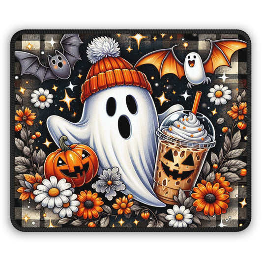 Cozy Ghost Halloween Gaming Mouse Pad – 9x7 Neoprene Mouse Pad with Pumpkin Spice Latte, Bats, and Autumn Floral Design