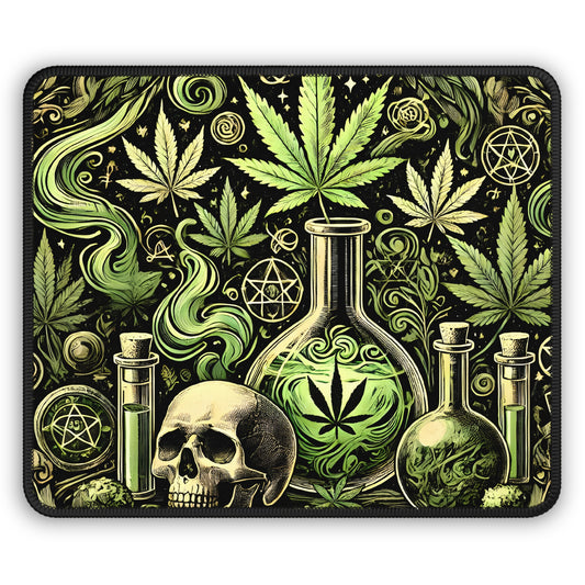 Witch’s Brew Cannabis Mouse Pad – 9x7 Neoprene Desk Mat with Gothic Potion Bottles and Skull Design