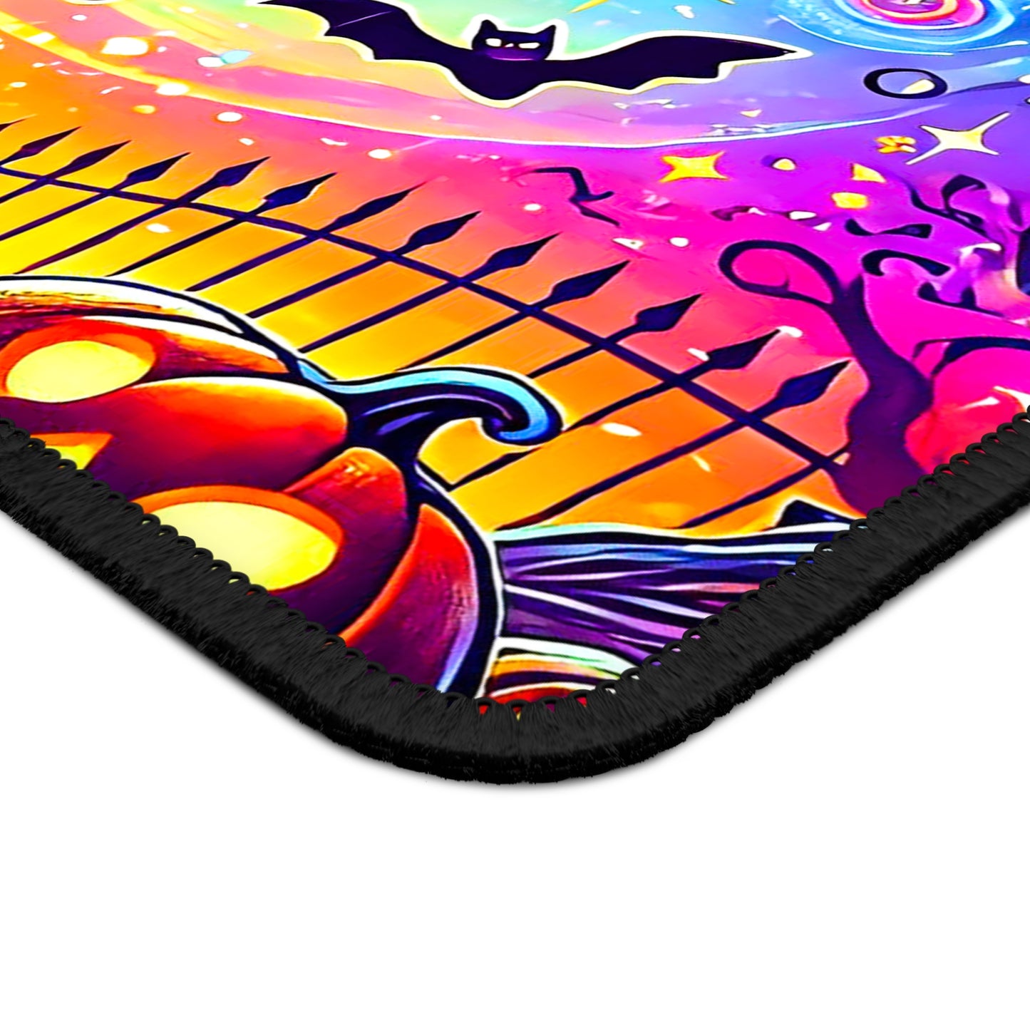 Spooky Season Gaming Mouse Pad – 9x7 Neoprene Mouse Pad with Neon Skeleton, Pumpkins, and Halloween Graveyard Design