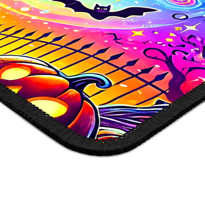 Spooky Season Gaming Mouse Pad – 9x7 Neoprene Mouse Pad with Neon Skeleton, Pumpkins, and Halloween Graveyard Design