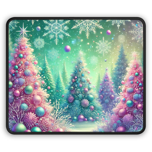 Pastel Christmas Wonderland Gaming Mouse Pad – 9x7 Neoprene Mouse Pad with Pink and Teal Christmas Trees, Snowflakes, and Holiday Sparkle