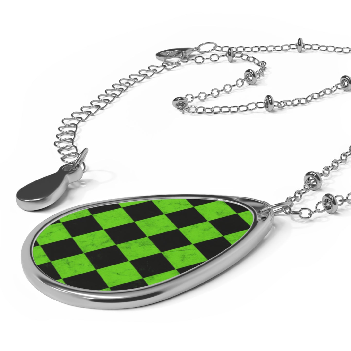 Green Check Teardrop Necklace – Marbled Checkerboard Pendant with Silver Chain