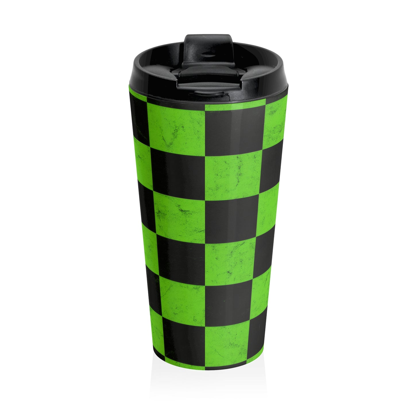 15oz “Checkered Past” Stainless Steel Travel Mug – Green & Black Grid Design with Leak-Proof Lid