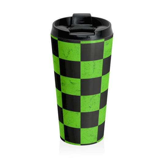 15oz “Checkered Past” Stainless Steel Travel Mug – Green & Black Grid Design with Leak-Proof Lid