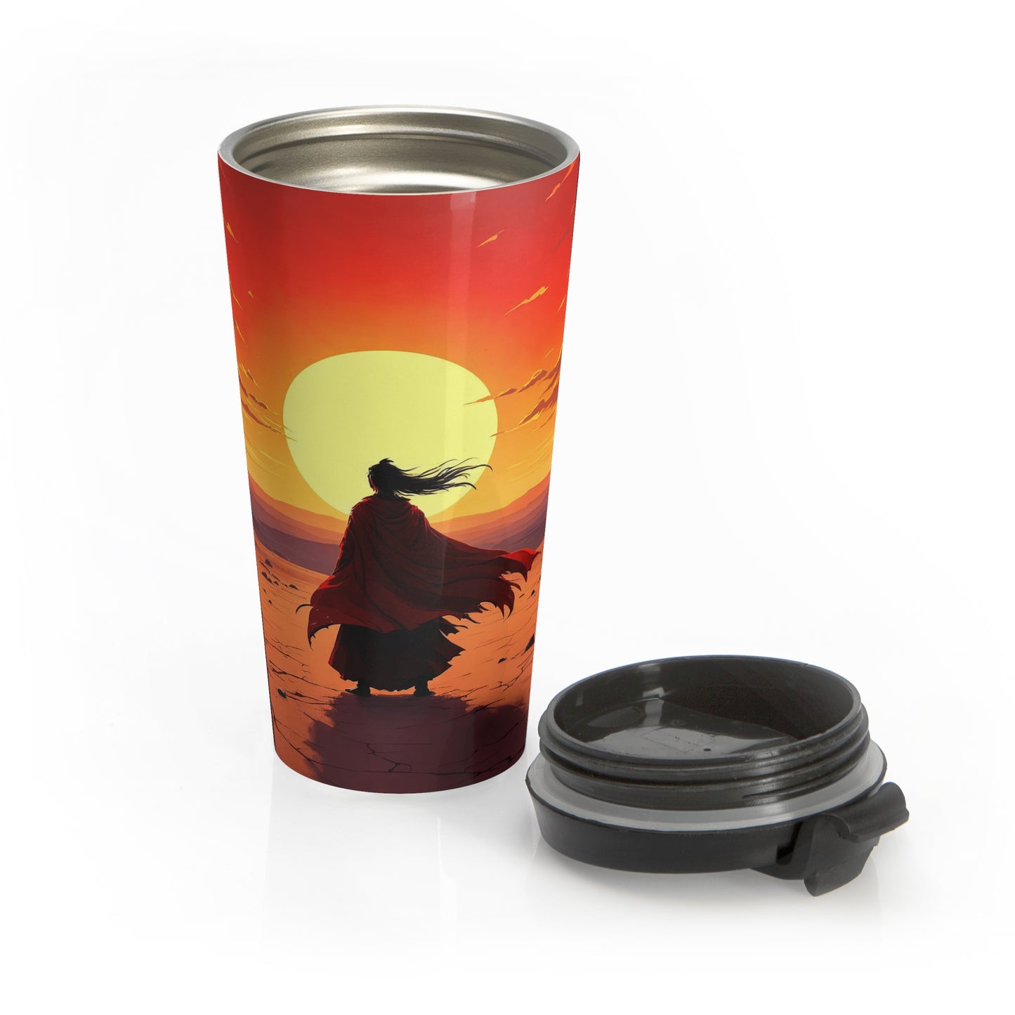 15oz Sunset Wanderer Stainless Steel Travel Mug – Cloaked Silhouette Design with Leak-Proof Lid