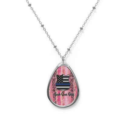 Back Our Blue Teardrop Necklace – Patriotic Leopard Print Pendant with Silver Chain