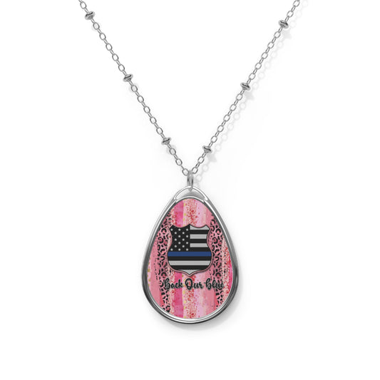 Back Our Blue Teardrop Necklace – Patriotic Leopard Print Pendant with Silver Chain