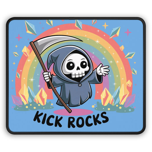 Kick Rocks Reaper 9x7 Neoprene Desk Mat – Cartoon Grim Reaper Mouse Pad with Rainbow & Crystals