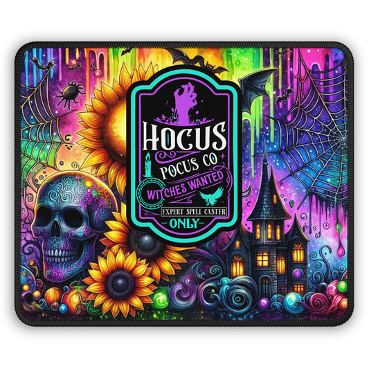 Hocus Pocus Halloween Gaming Mouse Pad – 9x7 Neoprene Mouse Pad with Neon Skulls, Sunflowers, and Gothic Spell Caster Design