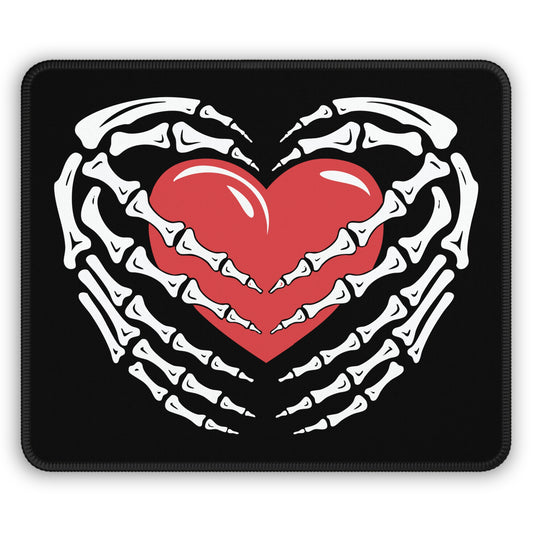Heartgrip 9x7 Neoprene Desk Mat – Gothic Skeleton Mouse Pad with Red Heart & Black Background