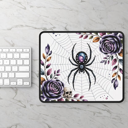 Gothic Spider Web Gaming Mouse Pad – 9x7 Neoprene Mouse Pad with Cosmic Spider, Purple Roses, and Skull Design