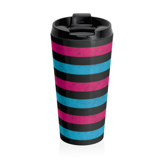 15oz “Scene Stripes” Stainless Steel Travel Mug – Pink, Blue & Black Pattern with Leak-Proof Lid