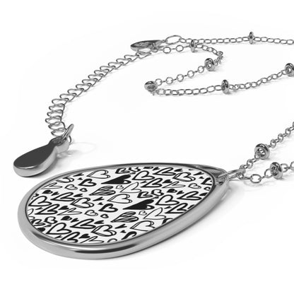 Doodle Hearts Teardrop Necklace – Black & White Sketch Pendant with Silver Chain