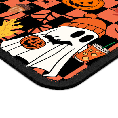 Ghost Latte Halloween Gaming Mouse Pad – 9x7 Neoprene Mouse Pad with Pumpkins, Coffee, and Checkerboard Autumn Design