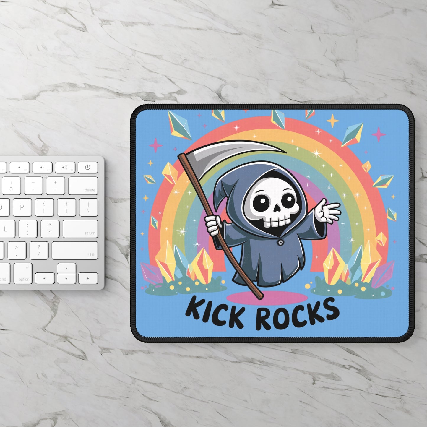 Kick Rocks Reaper 9x7 Neoprene Desk Mat – Cartoon Grim Reaper Mouse Pad with Rainbow & Crystals