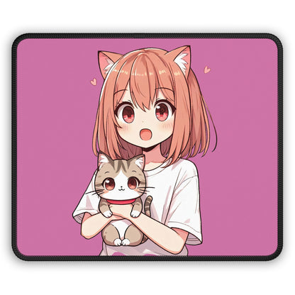 The Anime Catgirl 9x7 Neoprene Desk Mat – Kawaii Pink Mouse Pad with Neko Companion