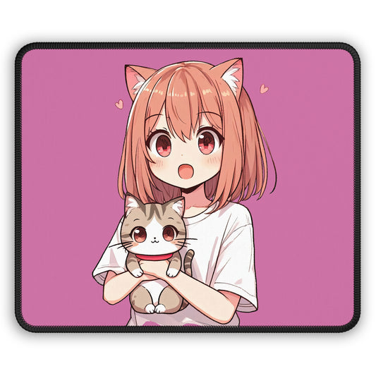 The Anime Catgirl 9x7 Neoprene Desk Mat – Kawaii Pink Mouse Pad with Neko Companion