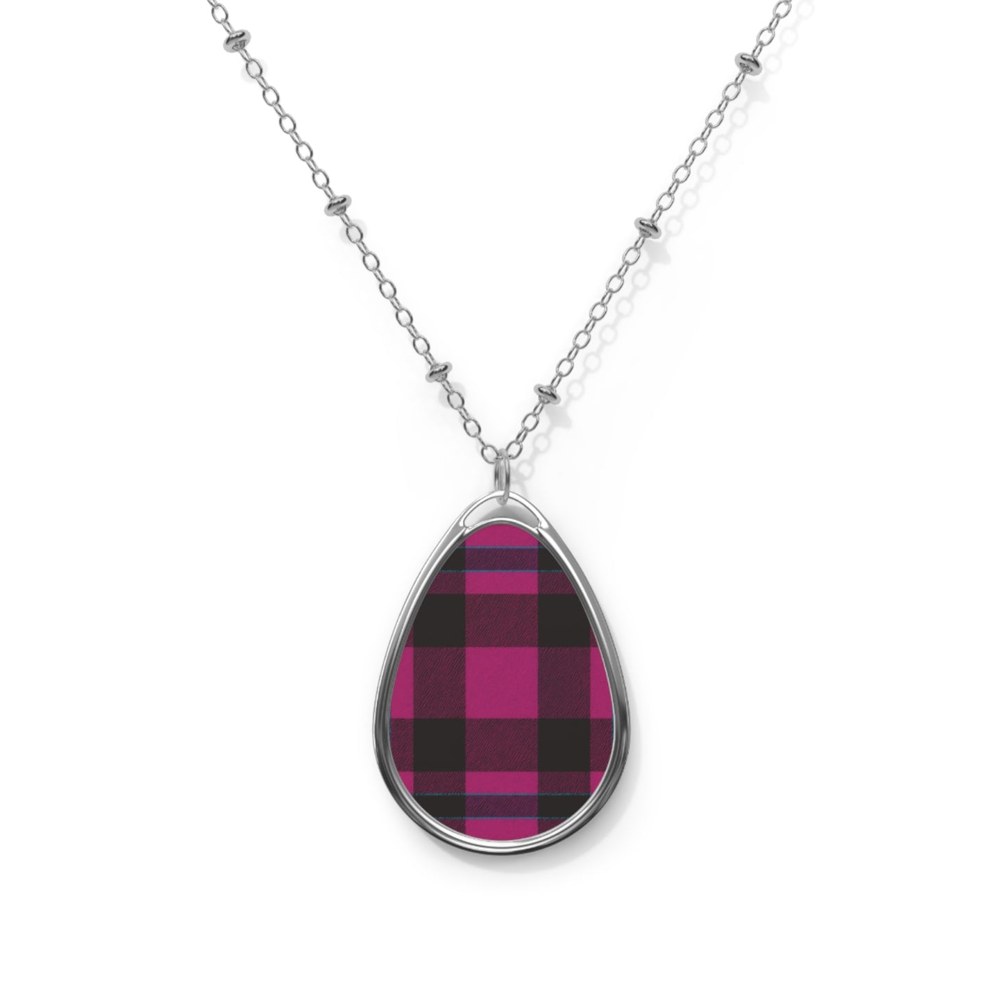 Magenta Plaid Teardrop Necklace – Bold Pattern Pendant with Silver Chain