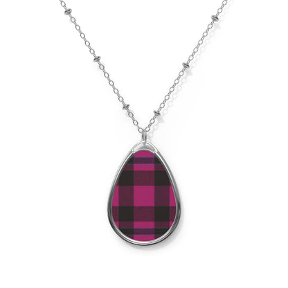 Magenta Plaid Teardrop Necklace – Bold Pattern Pendant with Silver Chain